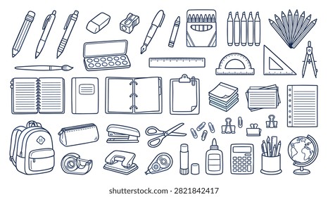 Various school stationery icons such as pencils pens eraser sharpener paints ruler protractor triangle compass notebooks clipboard paper clips scissors backpack pencil case stapler hole punch glue bottle calculator globe and artistic tools for academic creative design projects.