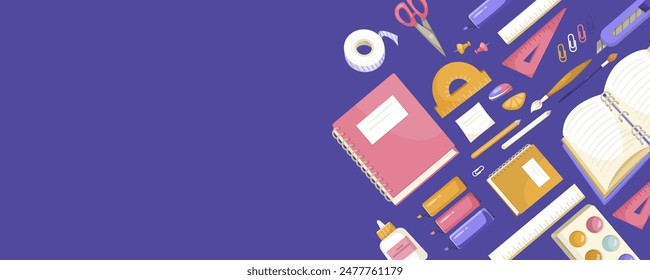 Various school supplies arranged on a purple background. Vector illustration