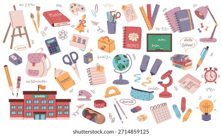 Varios útiles escolares, libros y herramientas de aprendizaje dibujados en un lindo estilo de dibujos animados sobre un fondo blanco. Concepto de educación y creatividad. Ilustración vectorial