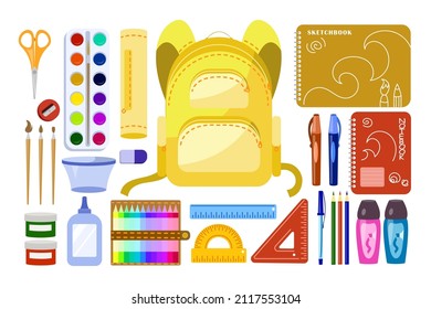 Various school supplies for kids vector illustrations set. Satchel or backpack, pen, pencils, eraser, scissors, notebook, rulers, paints for children on white background. Stationery, education concept