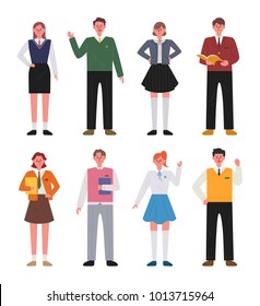 various school uniform fashion high school students character vector illustration flat design