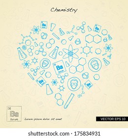 Various science icons arranged in heart shape. Vector illustration.