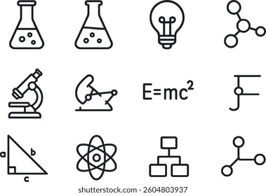 Various science symbols display key concepts in chemistry, physics, and mathematics. Each icon stimulates curiosity and illustrates the essence of scientific exploration and learning.