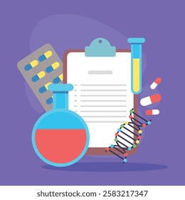 Various scientific elements displayed on purple background, including clipboard with report, test tubes, flask, DNA structure, and medicine. Research and health concept