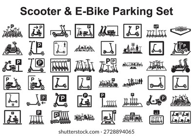 Verschiedene Roller- und E-Bike-Parklösungen einzeln auf weißem Hintergrund