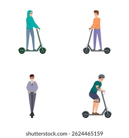 Various scooter icons set cartoon vector. Man and woman riding electric scooter. Urban transportation