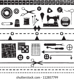 Various scratched sewing and tailoring symbols