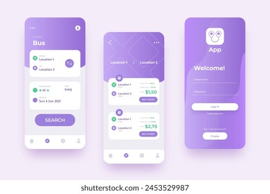 Diversas pantallas de transporte público violeta diseño de Vector de App móvil en eps 10
