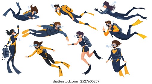 Various Scuba Divers in Action. Vector illustration