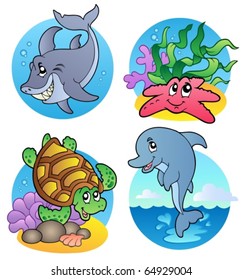 Various sea animals and fishes - vector illustration.