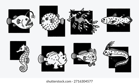 Varias criaturas marinas en ilustración gráfica diseño en blanco y negro