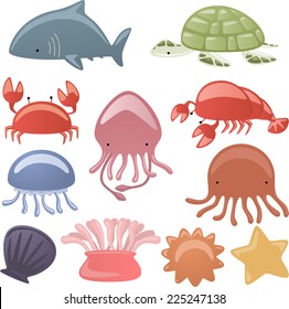 Various Sea life Animals shark, Turtle, scrub, octopus, oyster, dragonfly, shell, lobster, starfish vector illustration. 