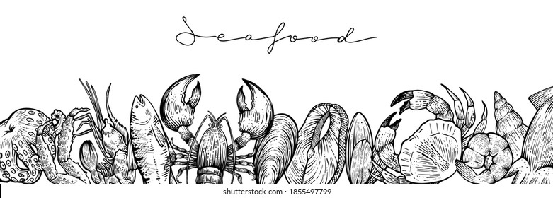 Various seafood banner, hand drawn vector