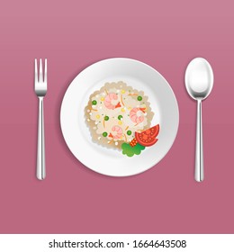 Various seafood dishes. Dishes vector illustration. Fried Rice or "Nasi Goreng" food from Indonesia. Nasi goreng is an easy meal to cook and has many variations. But don't eat it too much on a diet. 