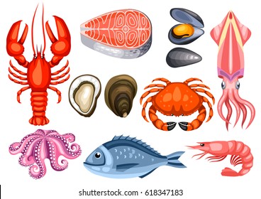 Various Seafood Set. Illustration Of Fish, Shellfish And Crustaceans.