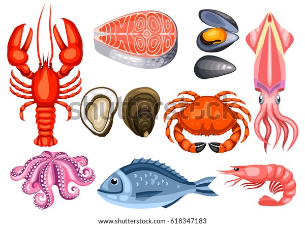 さまざまな魚介類セット 魚 貝 甲殻類のイラスト のベクター画像素材 ロイヤリティフリー