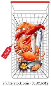Various seafood in shopping cart illustration
