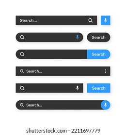 Various search bar templates, dark mode. Internet browser engine with search box, address bar and text field. UI design, website interface element with web icons and push button. Vector illustration