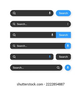 Varias plantillas de barra de búsqueda, modo oscuro. Motor de navegador de Internet con cuadro de búsqueda, barra de direcciones y campo de texto. diseño de interfaz de usuario, elemento de interfaz de sitio web con iconos web y botón pulsador. Ilustración del vector