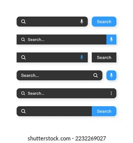 Various search bar templates, dark mode. Internet browser engine with search box, address bar and text field. UI design, website interface element with web icons and push button. Vector illustration