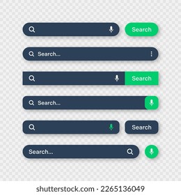 Varias plantillas de barra de búsqueda, modo oscuro. Motor de navegador de Internet con cuadro de búsqueda, barra de direcciones y campo de texto. diseño de interfaz de usuario, elemento de interfaz de sitio web con iconos web y botón pulsador. Ilustración del vector