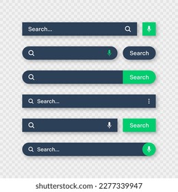 Various search bar templates, dark mode. Internet browser engine with search box, address bar and text field. UI design, website interface element with web icons and push button. Vector illustration