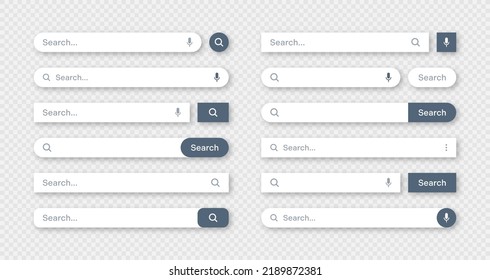 Varias plantillas de barras de búsqueda. Motor de navegador de Internet con cuadro de búsqueda, barra de direcciones y campo de texto. diseño de interfaz de usuario, elemento de interfaz de sitio web con iconos web y botón pulsador. Ilustración del vector