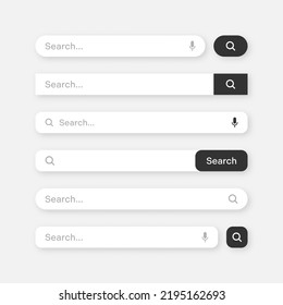 Various search bar templates. Internet browser engine with search box, address bar and text field. UI design, website interface element with web icons and push button. Vector illustration