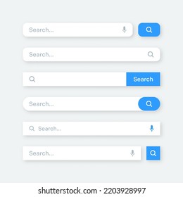 Varias plantillas de barras de búsqueda. Motor de navegador de Internet con cuadro de búsqueda, barra de direcciones y campo de texto. diseño de interfaz de usuario, elemento de interfaz de sitio web con iconos web y botón pulsador. Ilustración del vector