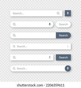 Varias plantillas de barras de búsqueda. Motor de navegador de Internet con cuadro de búsqueda, barra de direcciones y campo de texto. diseño de interfaz de usuario, elemento de interfaz de sitio web con iconos web y botón pulsador. Ilustración del vector