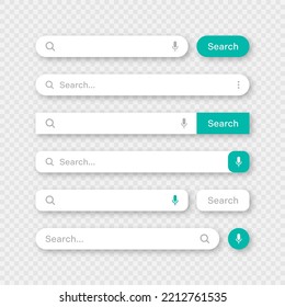 Various search bar templates. Internet browser engine with search box, address bar and text field. UI design, website interface element with web icons and push button. Vector illustration