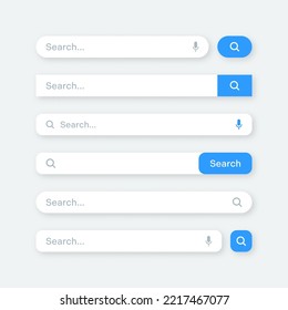 Various search bar templates. Internet browser engine with search box, address bar and text field. UI design, website interface element with web icons and push button. Vector illustration