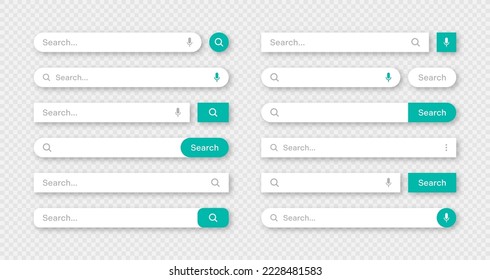 Various search bar templates. Internet browser engine with search box, address bar and text field. UI design, website interface element with web icons and push button. Vector illustration