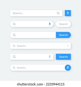 Varias plantillas de barras de búsqueda. Motor de navegador de Internet con cuadro de búsqueda, barra de direcciones y campo de texto. diseño de interfaz de usuario, elemento de interfaz de sitio web con iconos web y botón pulsador. Ilustración del vector