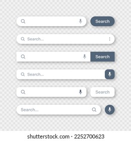 Varias plantillas de barras de búsqueda. Motor de navegador de Internet con cuadro de búsqueda, barra de direcciones y campo de texto. diseño de interfaz de usuario, elemento de interfaz de sitio web con iconos web y botón pulsador. Ilustración del vector