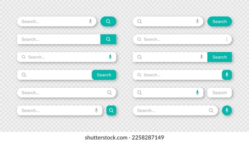 Various search bar templates. Internet browser engine with search box, address bar and text field. UI design, website interface element with web icons and push button. Vector illustration