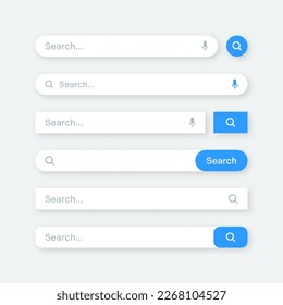 Various search bar templates. Internet browser engine with search box, address bar and text field. UI design, website interface element with web icons and push button. Vector illustration