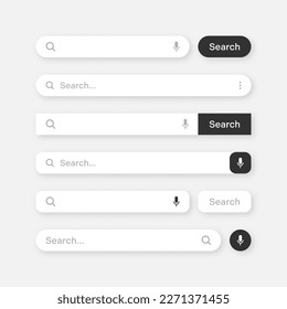 Verschiedene Suchleisten-Vorlagen. Internet-Browser-Engine mit Suchfeld, Adressleiste und Textfeld. UI-Design, Website-Interface-Element mit Web-Icons und Drucktaste. Vektorgrafik