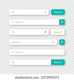 Various search bar templates. Internet browser engine with search box, address bar and text field. UI design, website interface element with web icons and push button. Vector illustration