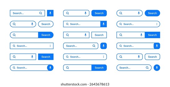 Vários modelos de barras de pesquisa. Mecanismo do navegador da Internet com caixa de pesquisa, barra de endereços e campo de texto. Design de interface de usuário, elemento de interface de site com ícones da Web e botão de ação. Ilustração vetorial