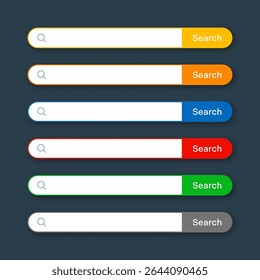 Various search bar templates. Internet browser engine with search box, address bar and text field. UI design, website interface element with web icons and push button. Vector illustration