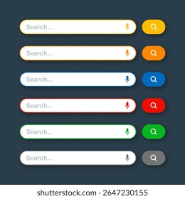 Différentes templates de barre de recherche. Moteur de navigateur Internet avec zone de recherche, barre d'adresse et champ de texte. Conception de l'interface utilisateur, élément d'interface de site web avec des icônes Web et bouton push. Illustration vectorielle