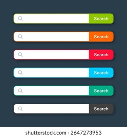 Différentes templates de barre de recherche. Moteur de navigateur Internet avec zone de recherche, barre d'adresse et champ de texte. Conception de l'interface utilisateur, élément d'interface de site web avec des icônes Web et bouton push. Illustration vectorielle