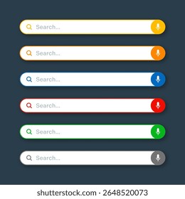 Différentes templates de barre de recherche. Moteur de navigateur Internet avec zone de recherche, barre d'adresse et champ de texte. Conception de l'interface utilisateur, élément d'interface de site web avec des icônes Web et bouton push. Illustration vectorielle