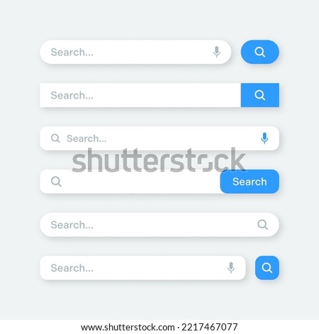 Various search bar templates. Internet browser engine with search box, address bar and text field. UI design, website interface element with web icons and push button. Vector illustration