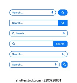 Various search bars with outline border. Internet browser engine with search box, address bar and text field. UI design, website interface element, web icons and push button. Vector illustration