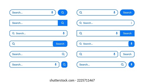 Various search bars with outline border. Internet browser engine with search box, address bar and text field. UI design, website interface element, web icons and push button. Vector illustration