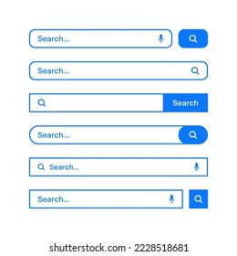 Varias barras de búsqueda con borde de contorno. Motor de navegador de Internet con cuadro de búsqueda, barra de direcciones y campo de texto. diseño de interfaz de usuario, elemento de interfaz de sitio web, iconos web y botón de inserción. Ilustración del vector