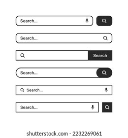 Varias barras de búsqueda con borde de contorno. Motor de navegador de Internet con cuadro de búsqueda, barra de direcciones y campo de texto. diseño de interfaz de usuario, elemento de interfaz de sitio web, iconos web y botón de inserción. Ilustración del vector