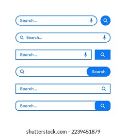 Various search bars with outline border. Internet browser engine with search box, address bar and text field. UI design, website interface element, web icons and push button. Vector illustration